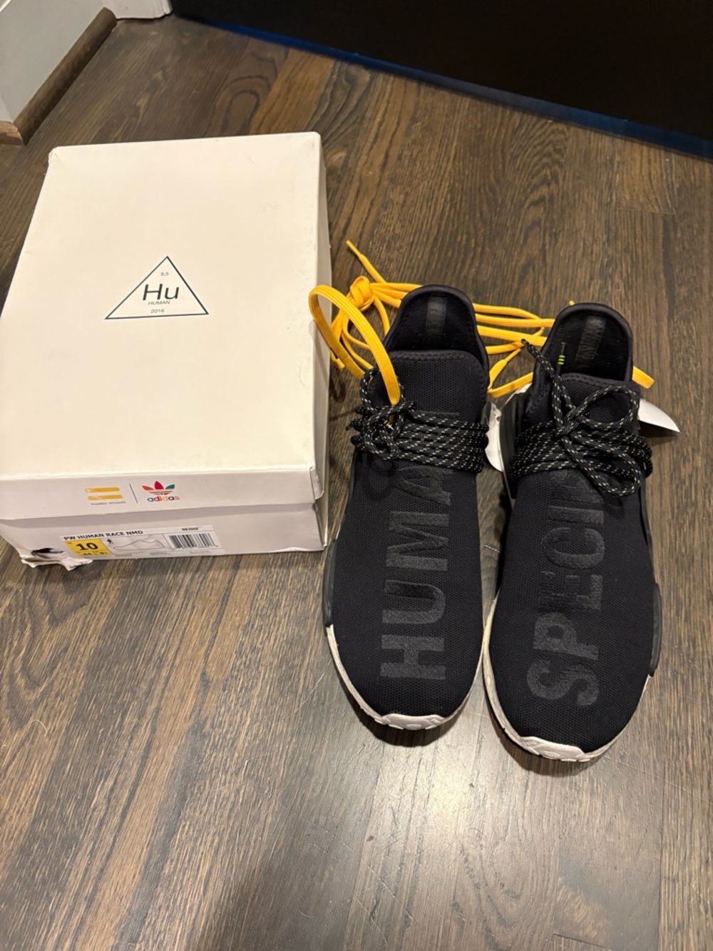adidas Black Slip-On HU NMD Sneakers with Yellow Laces Pharrell Williams size10